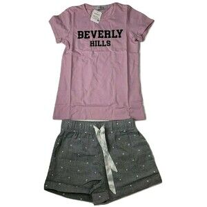 Honglin Girls Size S " BEVERLY HILLS" T-Shirt & Shorts Pink & Gray Polka Dot NWT